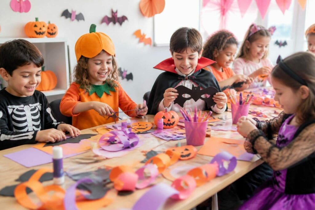 Atelier bricolage d'Halloween : enfants déguisés fabriquant masques de chauve-souris et guirlandes en papier