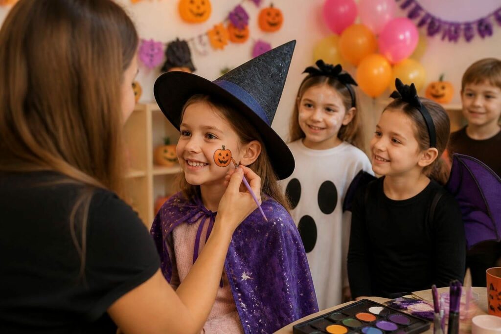 Atelier maquillage d'Halloween : une petite sorcière se fait peindre une citrouille sur la joue