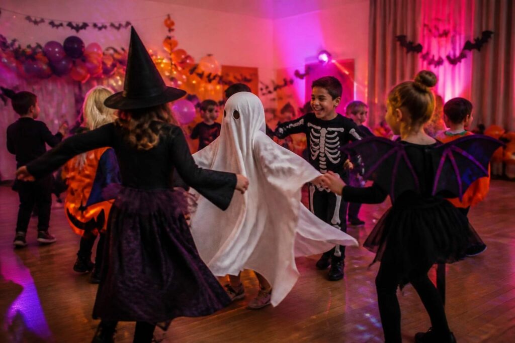 Bal costumé d'Halloween : enfants déguisés en sorcière, fantôme et squelette qui dansent