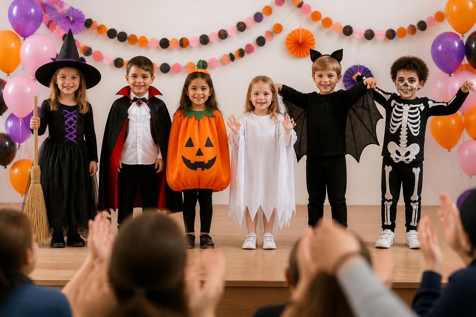Concours de déguisement d'Halloween : sorcière, vampire, citrouille, fantôme, chauve-souris et squelette sur scène